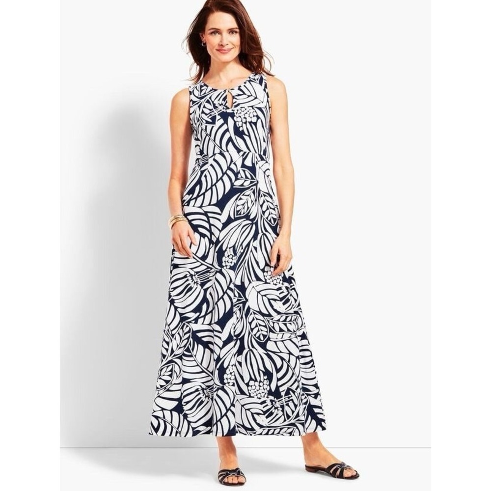 Talbots Botanical Print Jersey Maxi Dress Stretch Sleeveless Navy White Size 2X